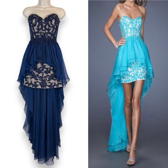 La Femme Formal Gown Cocktail Dress Blue Lace Hi Low Mesh Y2K Back Strapless 6 - Picture 3 of 15
